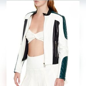 Color-block Vegan Leather Moto Jacket Black White Dark Green LARGE